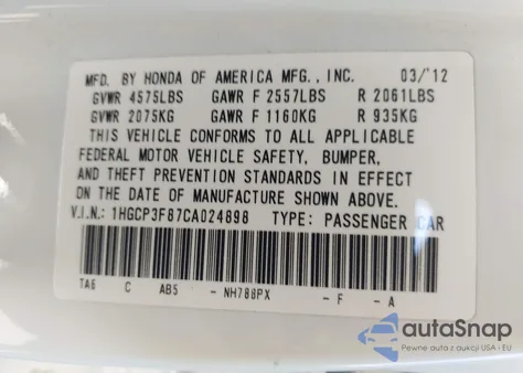 2012 Honda Accord 3.5 Ex-L from USA, damaged, VIN 1HGCP3F87CA024898